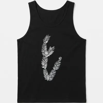 Cyanotype print of California redwood leaves in light blue and white — printed on a tank top