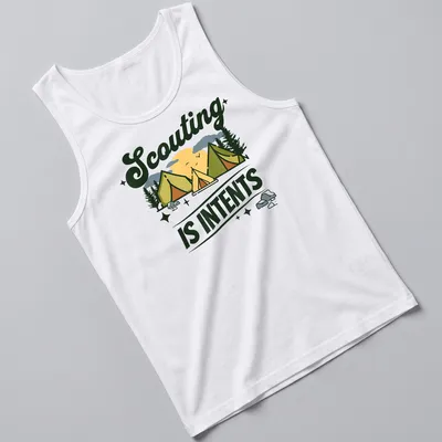 Illustrative camping scene with tents and the text Scouting Is Intents — printed on a tank top