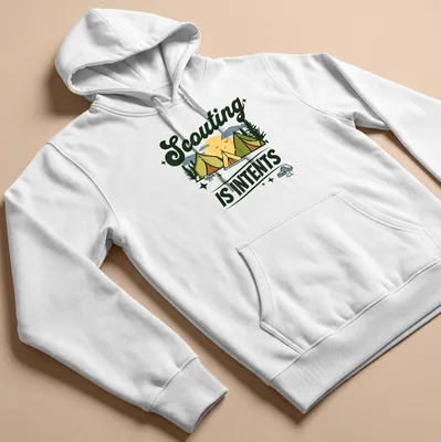 Illustrative camping scene with tents and the text Scouting Is Intents — printed on a unisex hoodie