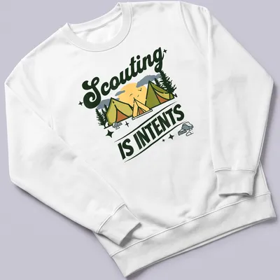 Illustrative camping scene with tents and the text Scouting Is Intents — printed on a unisex sweatshirt