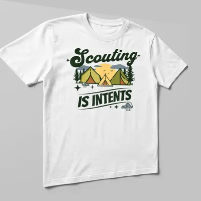 Illustrative camping scene with tents and the text Scouting Is Intents — printed on a unisex t-shirt (angled view)
