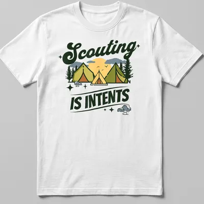 Illustrative camping scene with tents and the text Scouting Is Intents