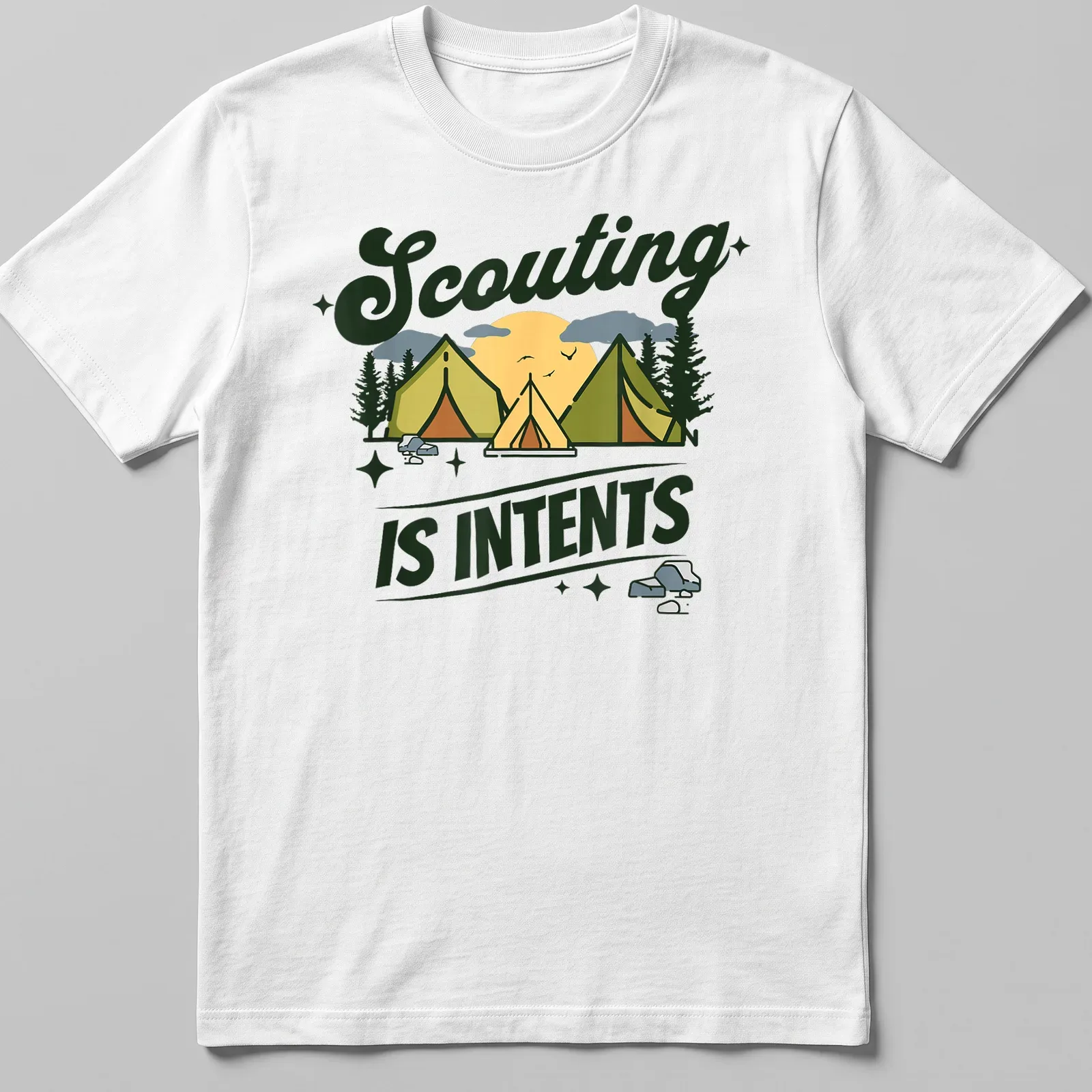 Illustrative camping scene with tents and the text Scouting Is Intents — printed on a unisex t-shirt