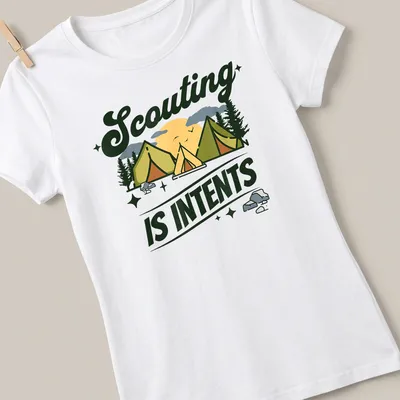 Illustrative camping scene with tents and the text Scouting Is Intents — printed on a women's shirt