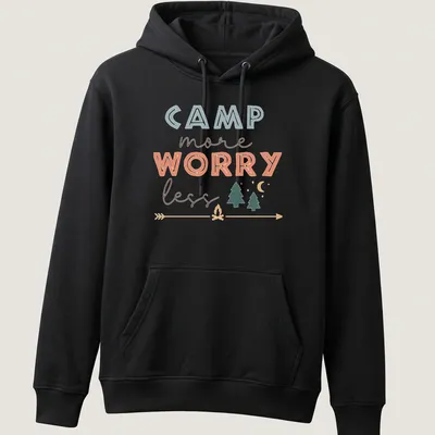 Playful camping scene with the text 'Camp more Worry less' — printed on a unisex hoodie