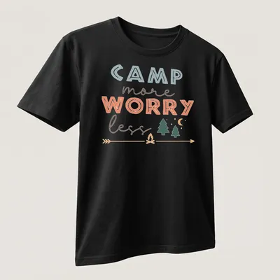 Playful camping scene with the text 'Camp more Worry less' — printed on a unisex t-shirt (angled view)