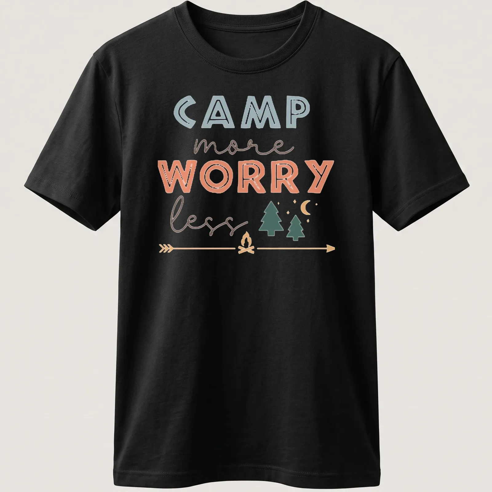 Playful camping scene with the text 'Camp more Worry less' — printed on a unisex t-shirt