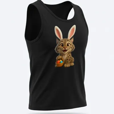 Cartoon Canada Lynx with bunny ears and Easter basket in vibrant colors — printed on a tank top
