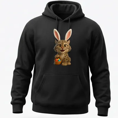 Cartoon Canada Lynx with bunny ears and Easter basket in vibrant colors — printed on a unisex hoodie