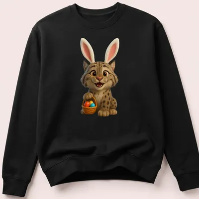 Cartoon Canada Lynx with bunny ears and Easter basket in vibrant colors — printed on a unisex sweatshirt
