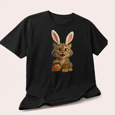 Cartoon Canada Lynx with bunny ears and Easter basket in vibrant colors — printed on a unisex t-shirt (angled view)