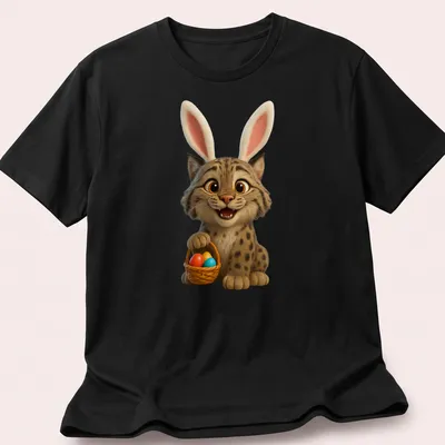 Cartoon Canada Lynx with bunny ears and Easter basket in vibrant colors