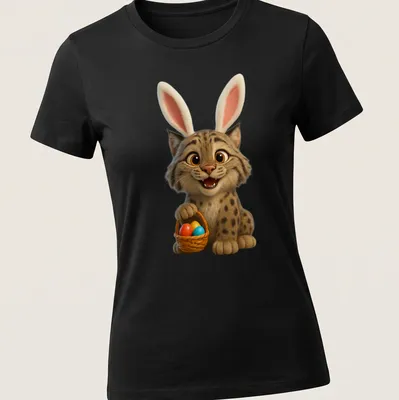 Cartoon Canada Lynx with bunny ears and Easter basket in vibrant colors — printed on a women's shirt