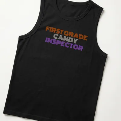 Halloween-themed shirt with a playful Candy Inspector character and colorful stripes — printed on a tank top