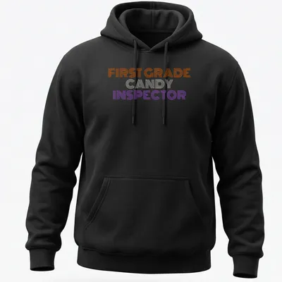 Halloween-themed shirt with a playful Candy Inspector character and colorful stripes — printed on a unisex hoodie