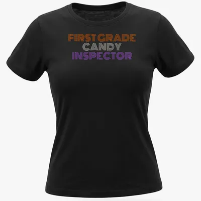 Halloween-themed shirt with a playful Candy Inspector character and colorful stripes — printed on a women's shirt