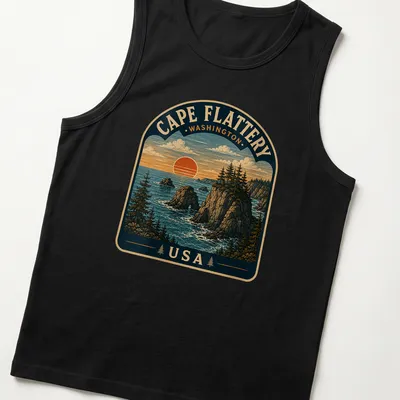 Vintage depiction of Cape Flattery Washington with scenic colors in a landscape design — printed on a tank top