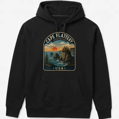 Vintage depiction of Cape Flattery Washington with scenic colors in a landscape design — printed on a unisex hoodie