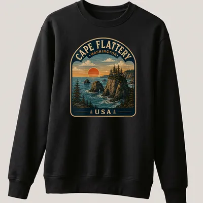 Vintage depiction of Cape Flattery Washington with scenic colors in a landscape design — printed on a unisex sweatshirt