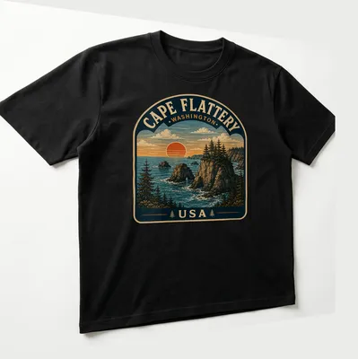 Vintage depiction of Cape Flattery Washington with scenic colors in a landscape design — printed on a unisex t-shirt (angled view)