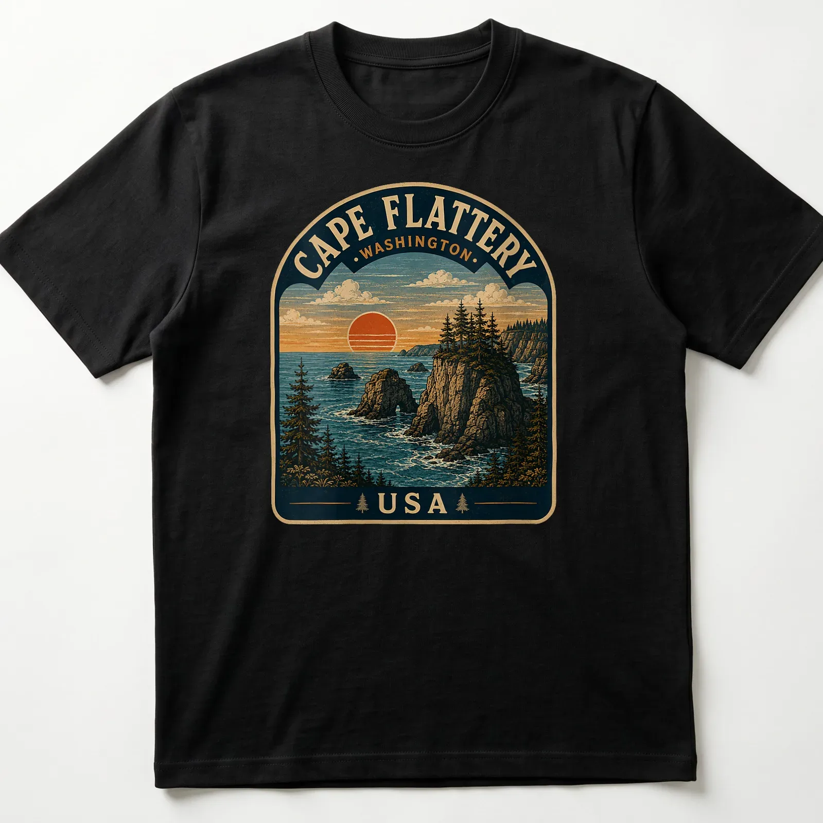 Vintage depiction of Cape Flattery Washington with scenic colors in a landscape design — printed on a unisex t-shirt