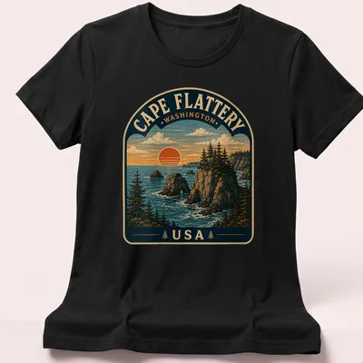 Vintage depiction of Cape Flattery Washington with scenic colors in a landscape design — printed on a women's shirt