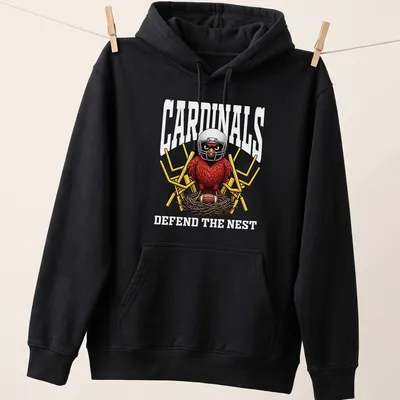 Bold cartoon cardinal in a football helmet with text 'CARDINALS DEFEND THE NEST' — printed on a unisex hoodie