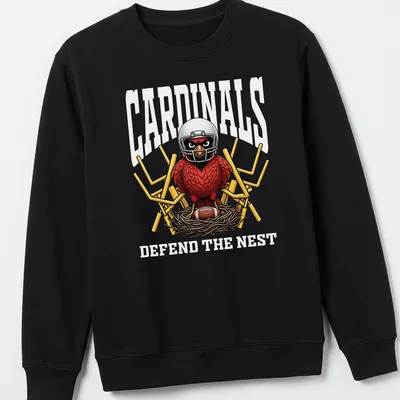 Bold cartoon cardinal in a football helmet with text 'CARDINALS DEFEND THE NEST' — printed on a unisex sweatshirt