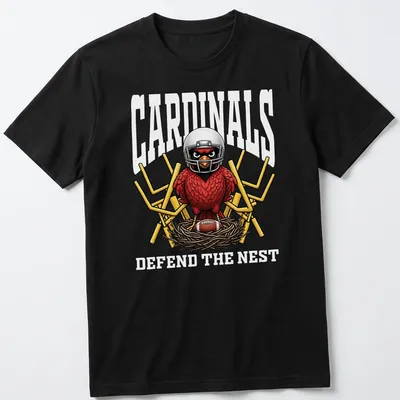 Bold cartoon cardinal in a football helmet with text 'CARDINALS DEFEND THE NEST'