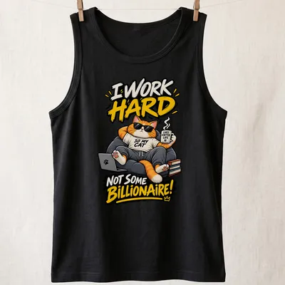 Colorful illustration of a cartoon cat relaxing in an armchair with bold text — printed on a tank top