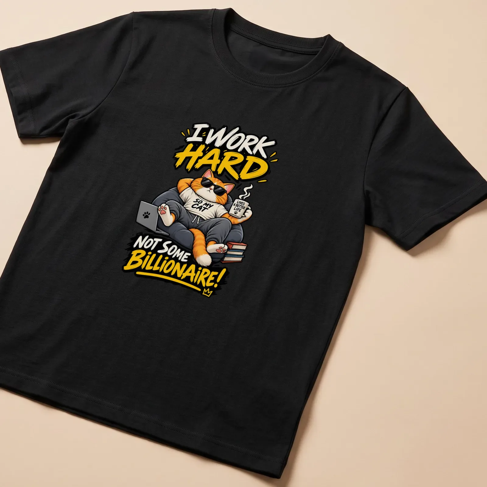 Colorful illustration of a cartoon cat relaxing in an armchair with bold text — printed on a unisex t-shirt