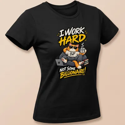 Colorful illustration of a cartoon cat relaxing in an armchair with bold text — printed on a women's shirt