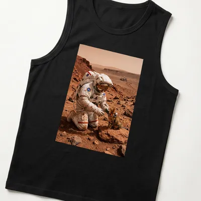 Realistic illustration of a cat exploring Mars with an astronaut in orange and brown hues — printed on a tank top
