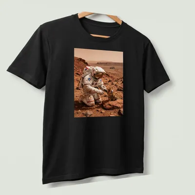 Realistic illustration of a cat exploring Mars with an astronaut in orange and brown hues — printed on a unisex t-shirt (angled view)
