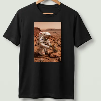 Realistic illustration of a cat exploring Mars with an astronaut in orange and brown hues