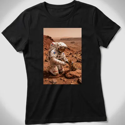 Realistic illustration of a cat exploring Mars with an astronaut in orange and brown hues — printed on a women's shirt