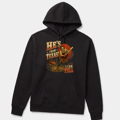 Vintage horror print featuring a chainsaw-wielding figure and bold text — printed on a unisex hoodie