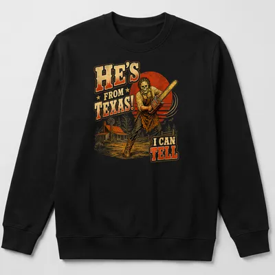 Vintage horror print featuring a chainsaw-wielding figure and bold text — printed on a unisex sweatshirt