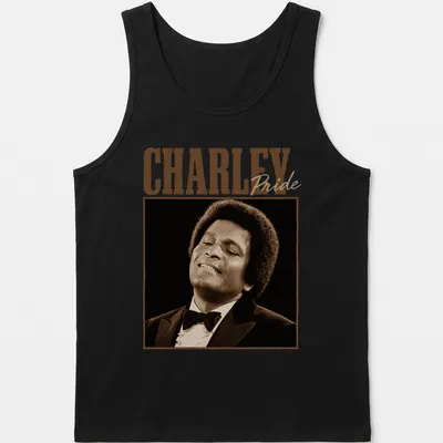 Vintage Charley Pride t-shirt featuring bold typography in brown and beige — printed on a tank top
