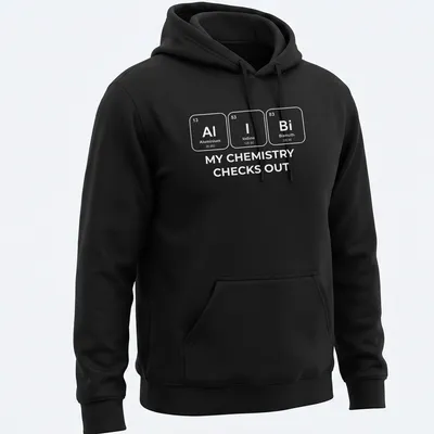 Modern minimalist t-shirt with chemistry elements and humorous text — printed on a unisex hoodie