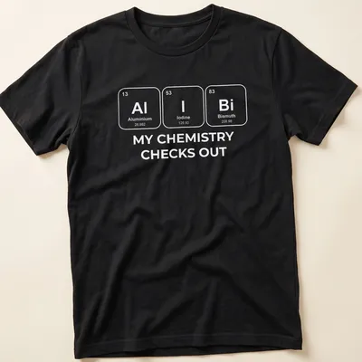 Modern minimalist t-shirt with chemistry elements and humorous text