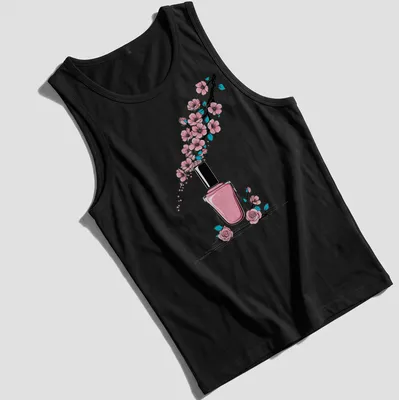 Line-art t-shirt featuring a nail polish bottle with cherry blossoms — printed on a tank top
