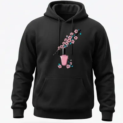 Line-art t-shirt featuring a nail polish bottle with cherry blossoms — printed on a unisex hoodie