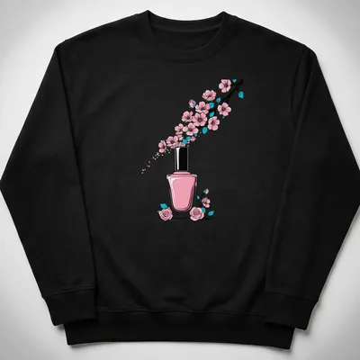 Line-art t-shirt featuring a nail polish bottle with cherry blossoms — printed on a unisex sweatshirt