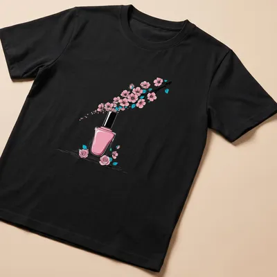 Line-art t-shirt featuring a nail polish bottle with cherry blossoms