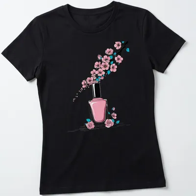 Line-art t-shirt featuring a nail polish bottle with cherry blossoms — printed on a women's shirt