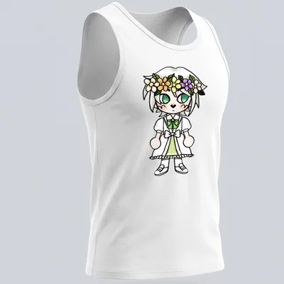 Kawaii style chibi character with a flower crown on a green dress — printed on a tank top