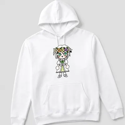Kawaii style chibi character with a flower crown on a green dress — printed on a unisex hoodie