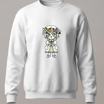 Kawaii style chibi character with a flower crown on a green dress — printed on a unisex sweatshirt