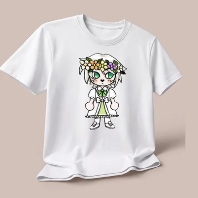 Kawaii style chibi character with a flower crown on a green dress — printed on a unisex t-shirt (angled view)